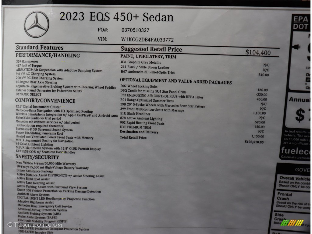 2023 Mercedes-Benz EQS 450+ Sedan Window Sticker Photo #146201793