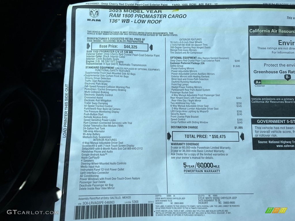 2023 Ram ProMaster 1500 Low Roof Cargo Van Window Sticker Photo #146203449