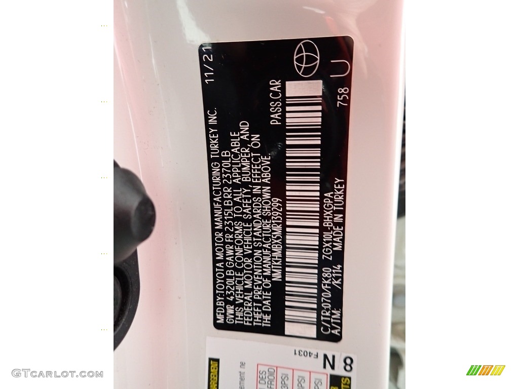 2021 C-HR Color Code 070 for Blizzard White Pearl Photo #146226573