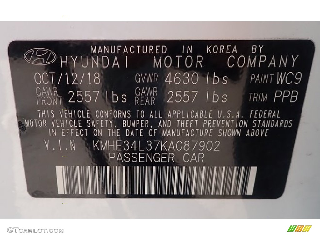 2019 Sonata Color Code WC9 for Hyper White Photo #146248746