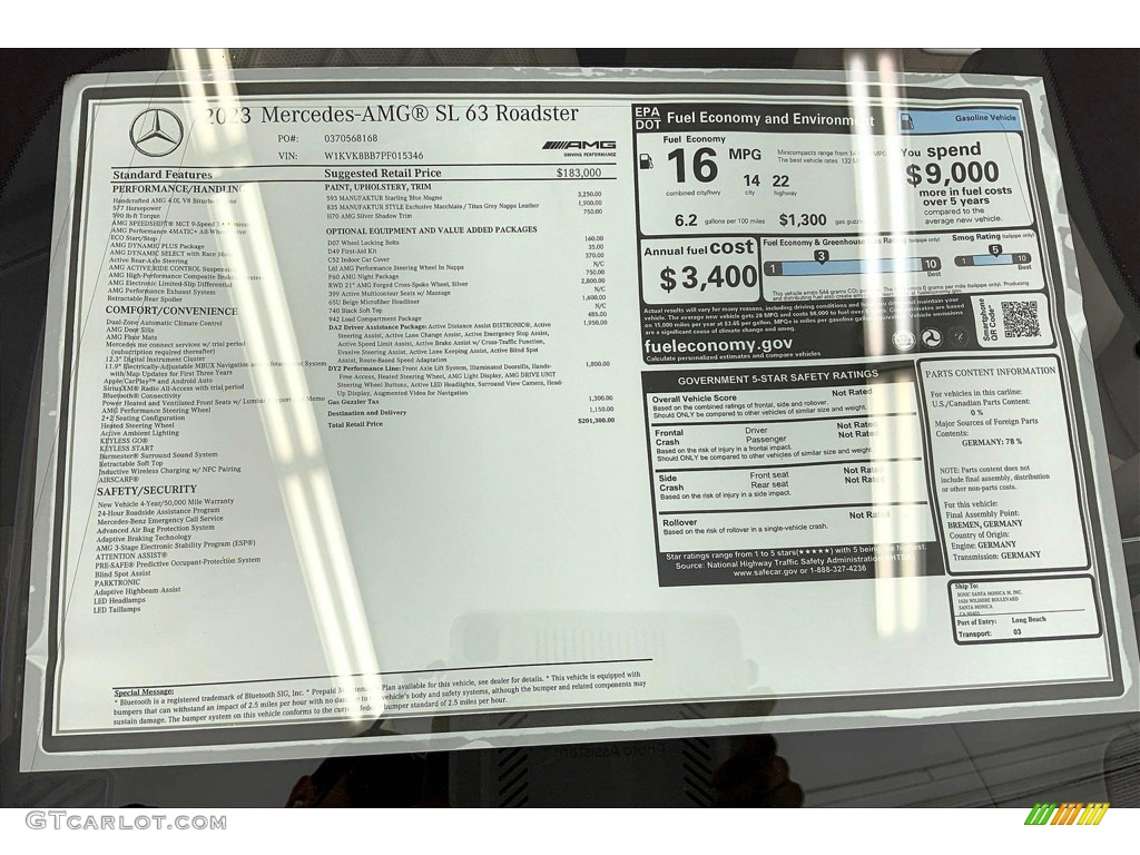 2023 Mercedes-Benz SL AMG 63 Roadster Window Sticker Photo #146267996
