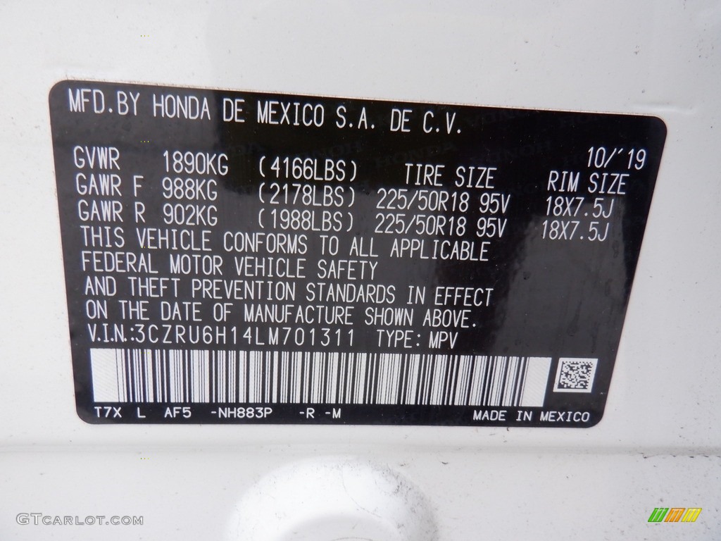 2020 HR-V Color Code NH883P for Platinum White Pearl Photo #146275337