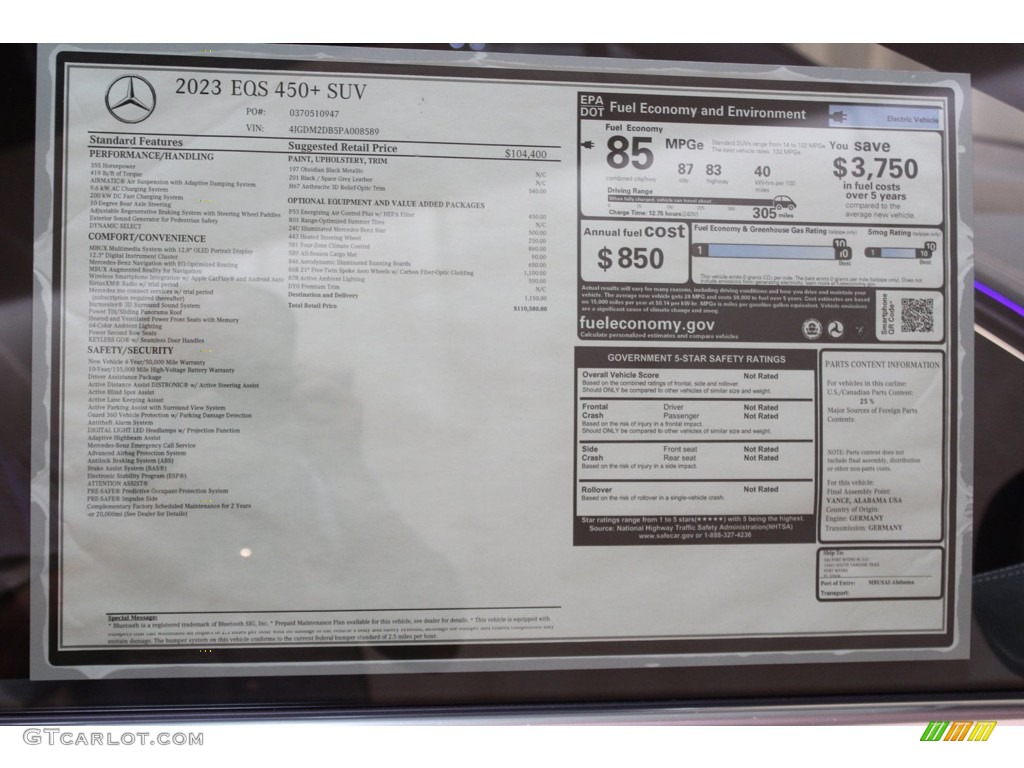 2023 Mercedes-Benz EQS 450+ SUV Window Sticker Photo #146277996