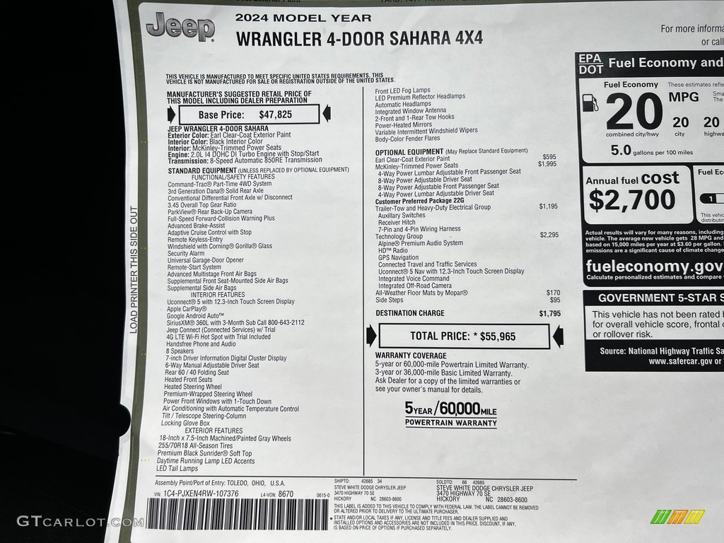 2024 Jeep Wrangler 4-Door Sahara 4x4 Window Sticker Photo #146283514