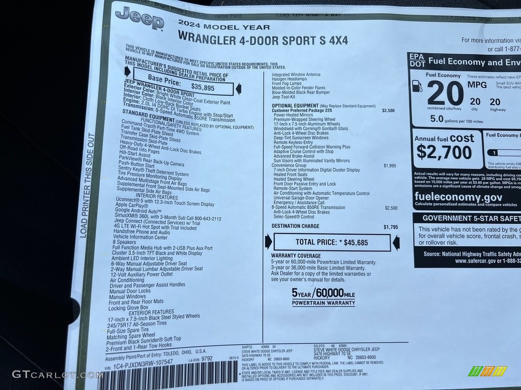 2024 Jeep Wrangler 4-Door Sport S 4x4 Window Sticker Photo #146298299
