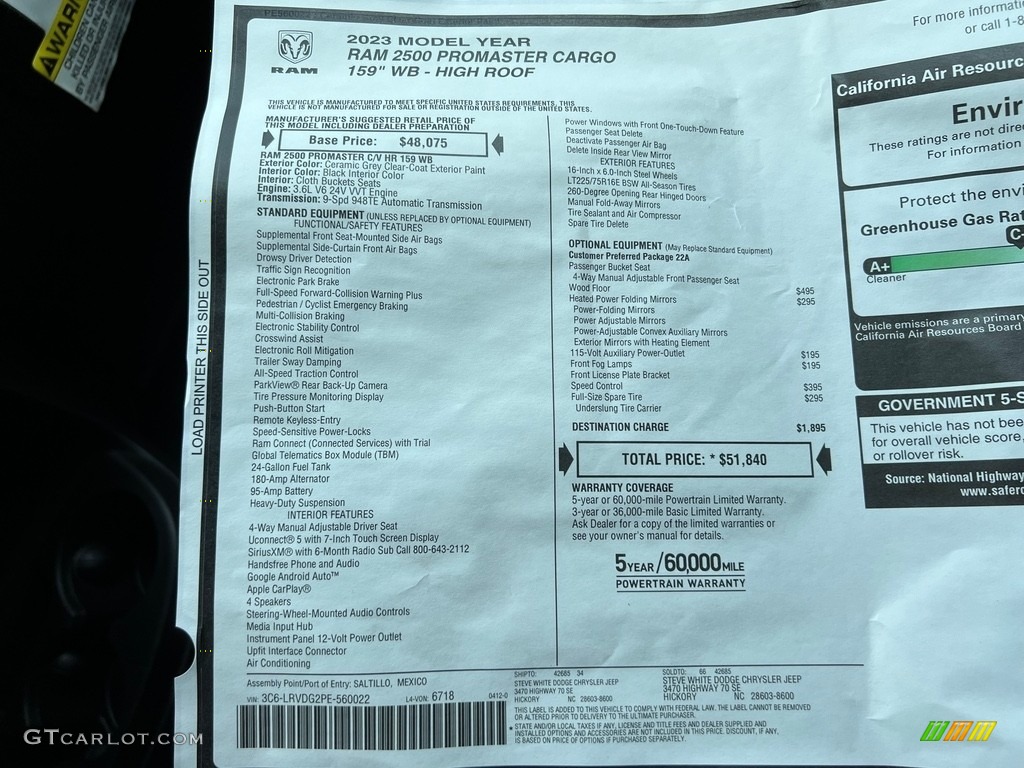 2023 Ram ProMaster 2500 High Roof Cargo Van Window Sticker Photo #146299001