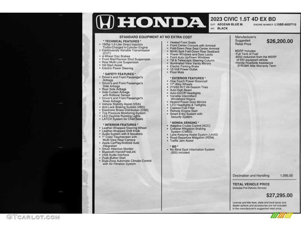 2023 Honda Civic EX Sedan Window Sticker Photo #146300870