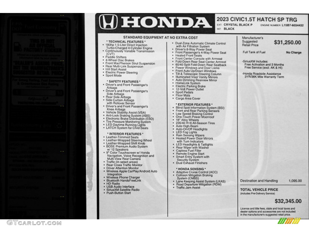 2023 Honda Civic Sport Touring Hatchback Window Sticker Photo #146305199