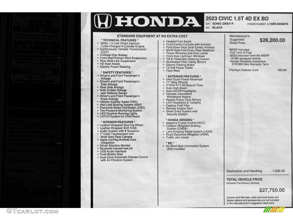 2023 Honda Civic EX Sedan Window Sticker Photo #146305424