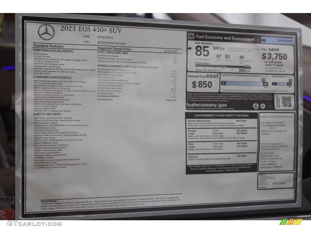 2023 Mercedes-Benz EQS 450+ SUV Window Sticker Photo #146306660
