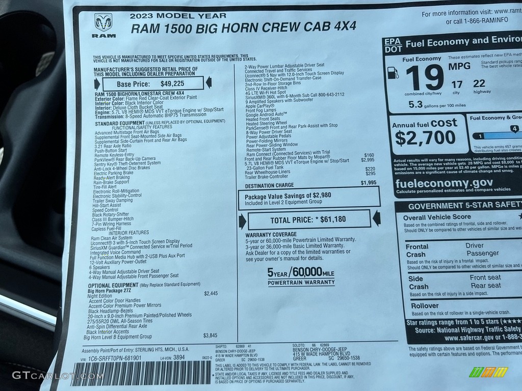 2023 Ram 1500 Big Horn Night Edition Crew Cab 4x4 Window Sticker Photo #146308010