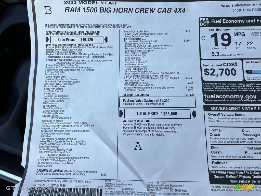 2023 Ram 1500 Big Horn Crew Cab 4x4 Window Sticker Photo #146308703