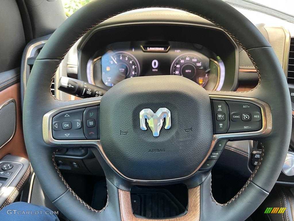 2023 Ram 1500 Long Horn Crew Cab 4x4 Black/New Saddle Steering Wheel Photo #146324597