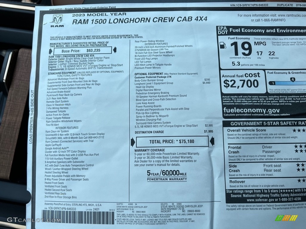 2023 Ram 1500 Long Horn Crew Cab 4x4 Window Sticker Photo #146324939