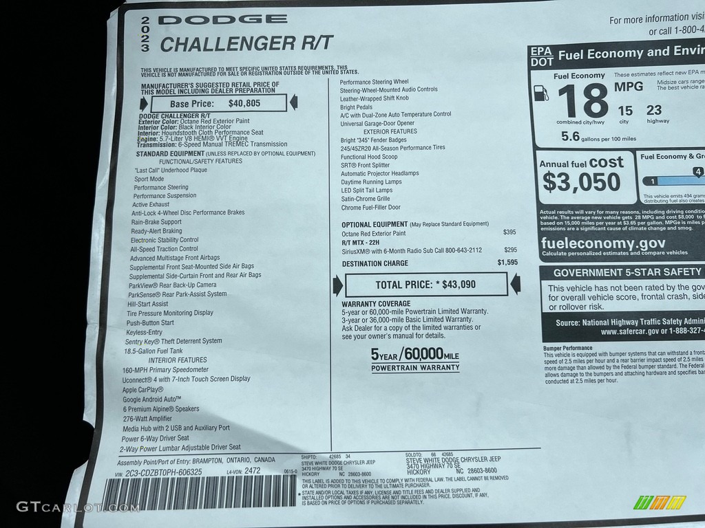 2023 Dodge Challenger R/T Window Sticker Photo #146326445