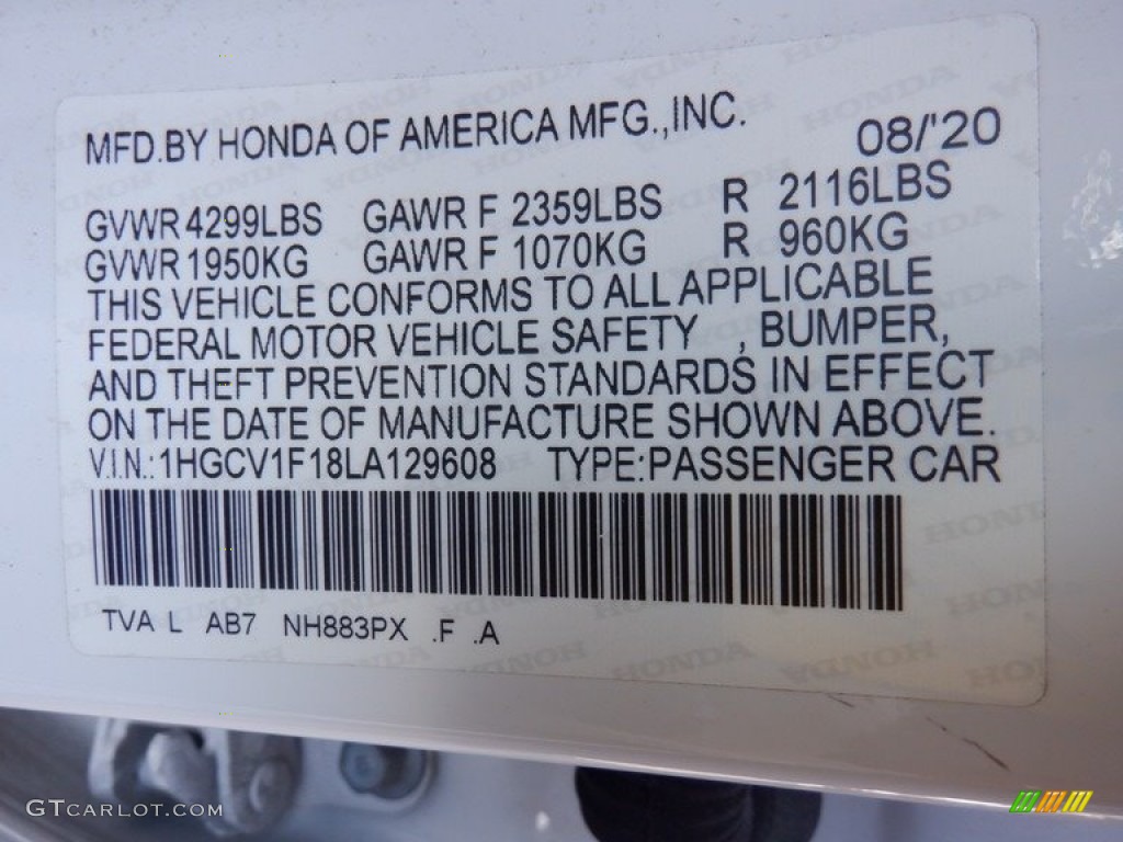 2020 Accord Color Code NH883PX for Platinum White Pearl Photo #146326781
