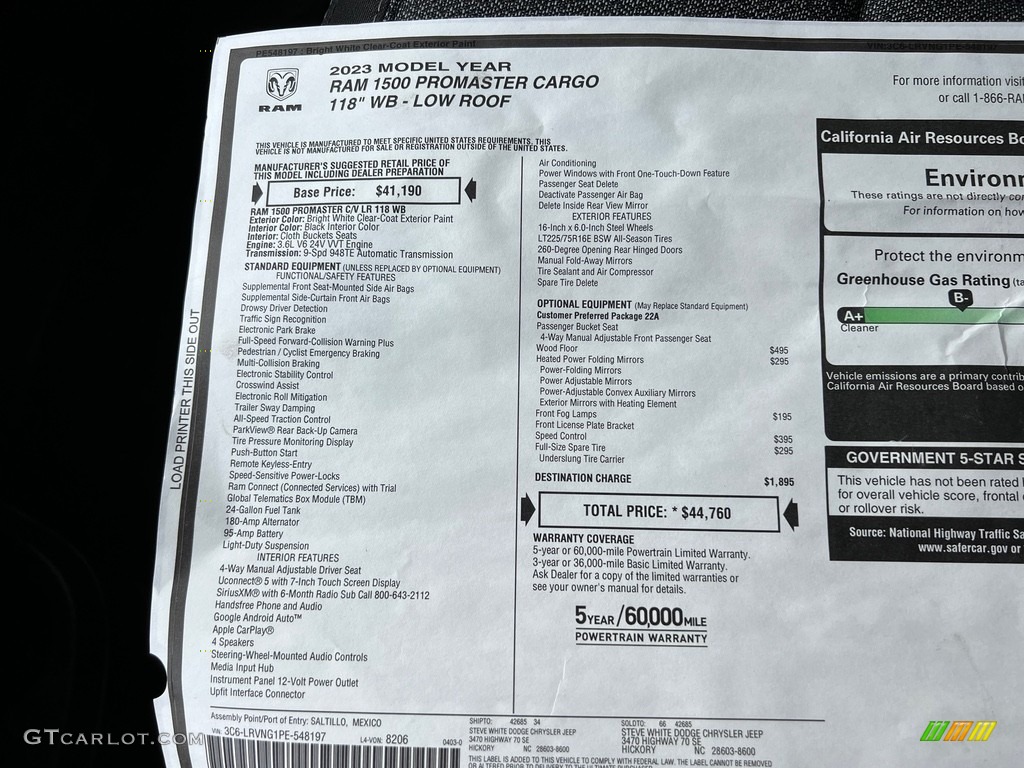 2023 Ram ProMaster 1500 Low Roof Cargo Van Window Sticker Photo #146328038