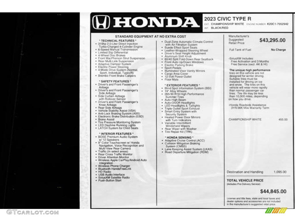 2023 Honda Civic Type R Window Sticker Photo #146332827