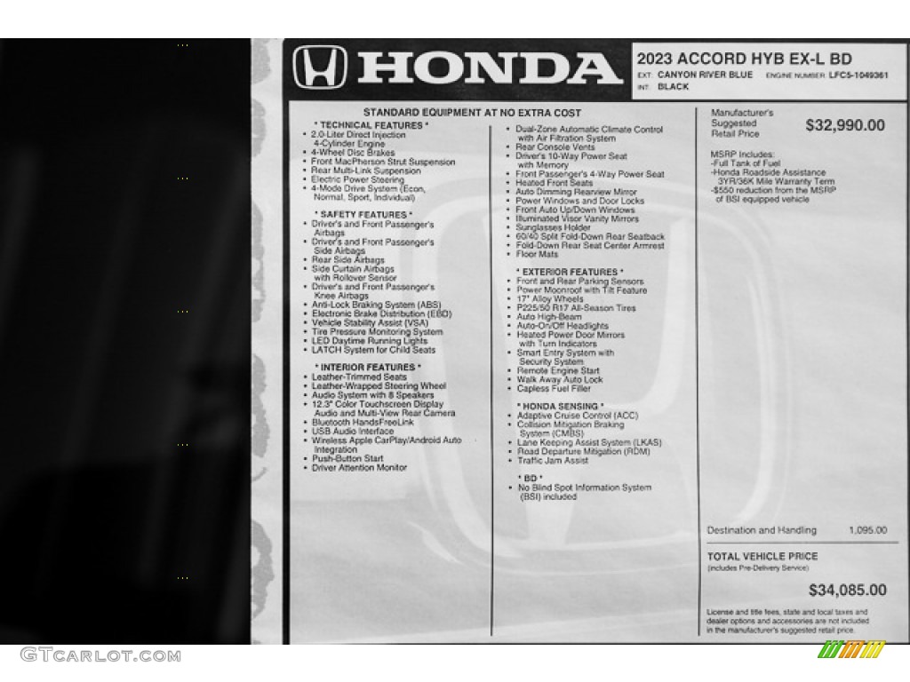 2023 Honda Accord EX-L Hybrid Window Sticker Photo #146333007