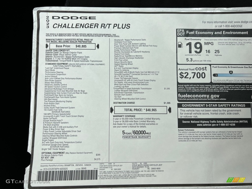 2023 Dodge Challenger R/T Plus Window Sticker Photo #146337309