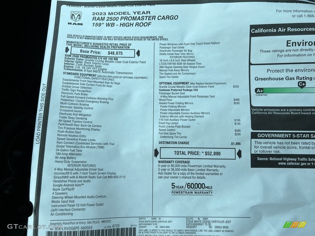 2023 Ram ProMaster 2500 High Roof Cargo Van Window Sticker Photo #146348701