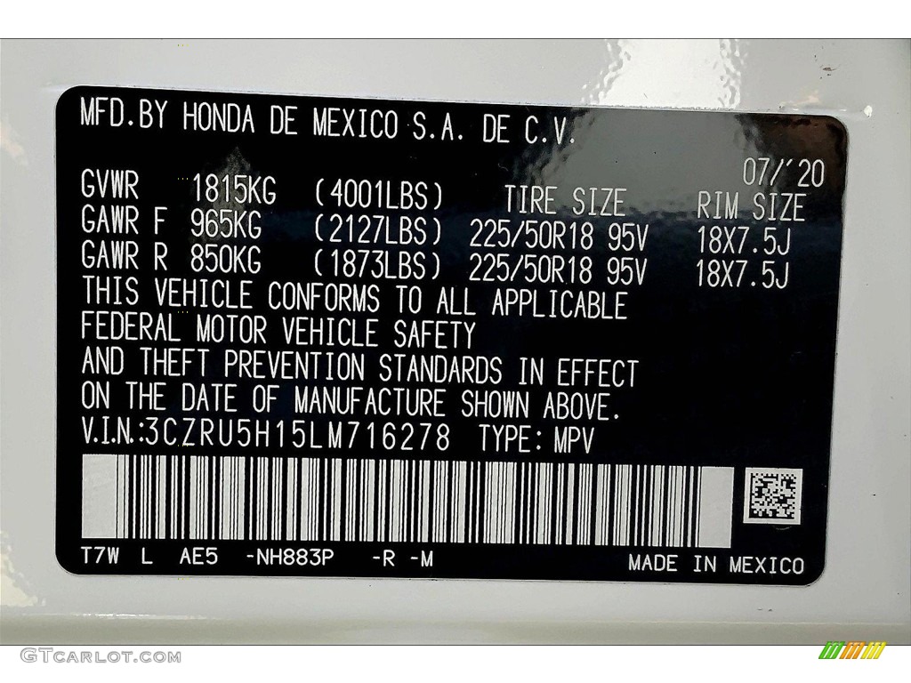 2020 HR-V Color Code NH883P for Platinum White Pearl Photo #146349202