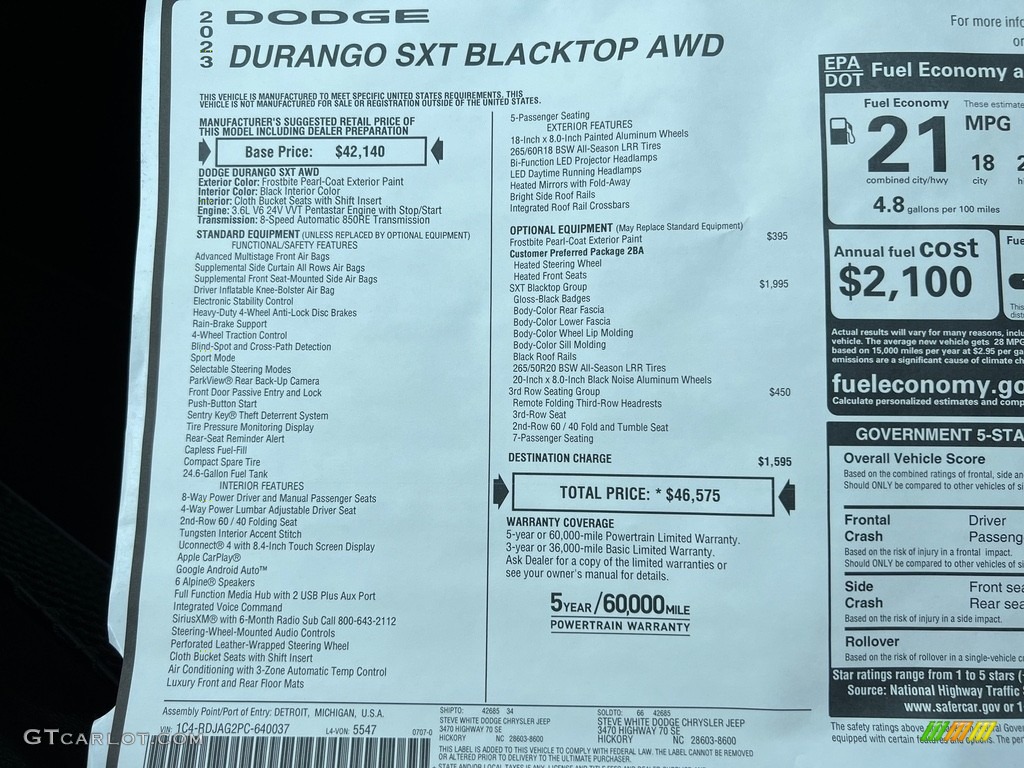 2023 Dodge Durango SXT Blacktop AWD Window Sticker Photos