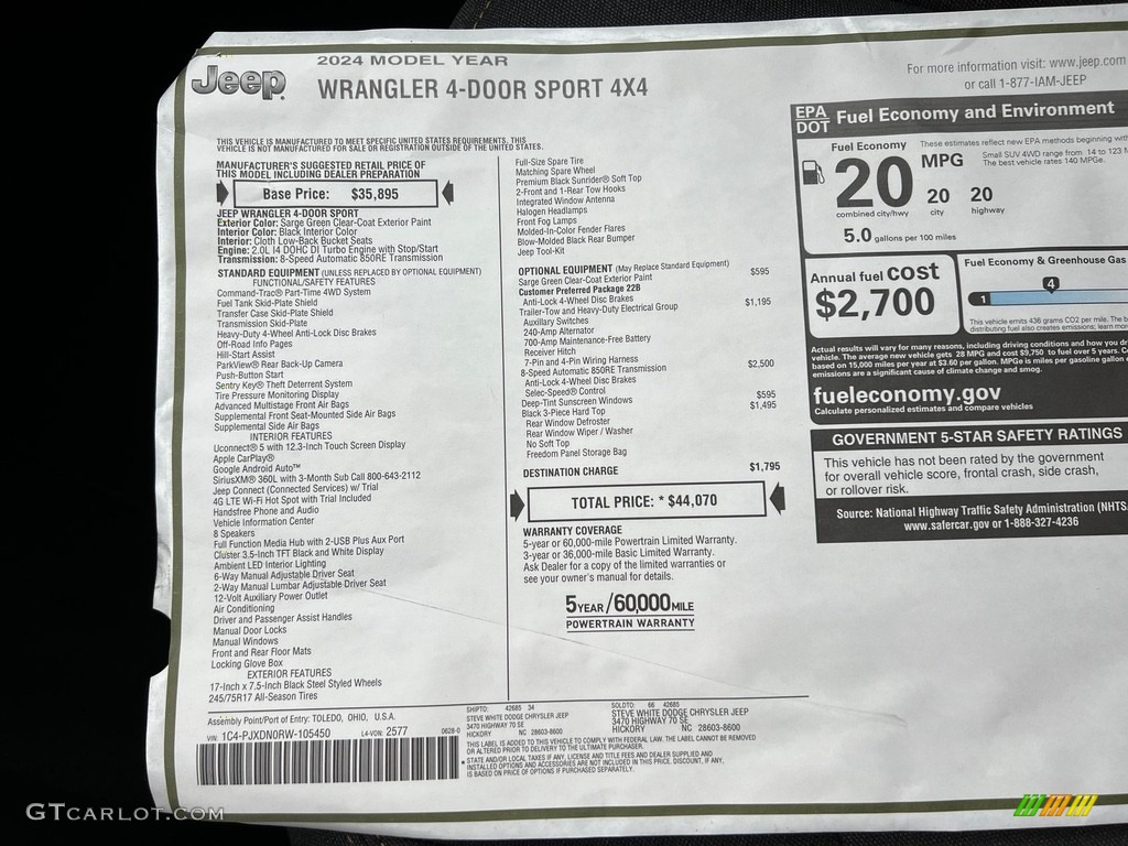 2024 Jeep Wrangler 4-Door Sport 4x4 Window Sticker Photo #146353719