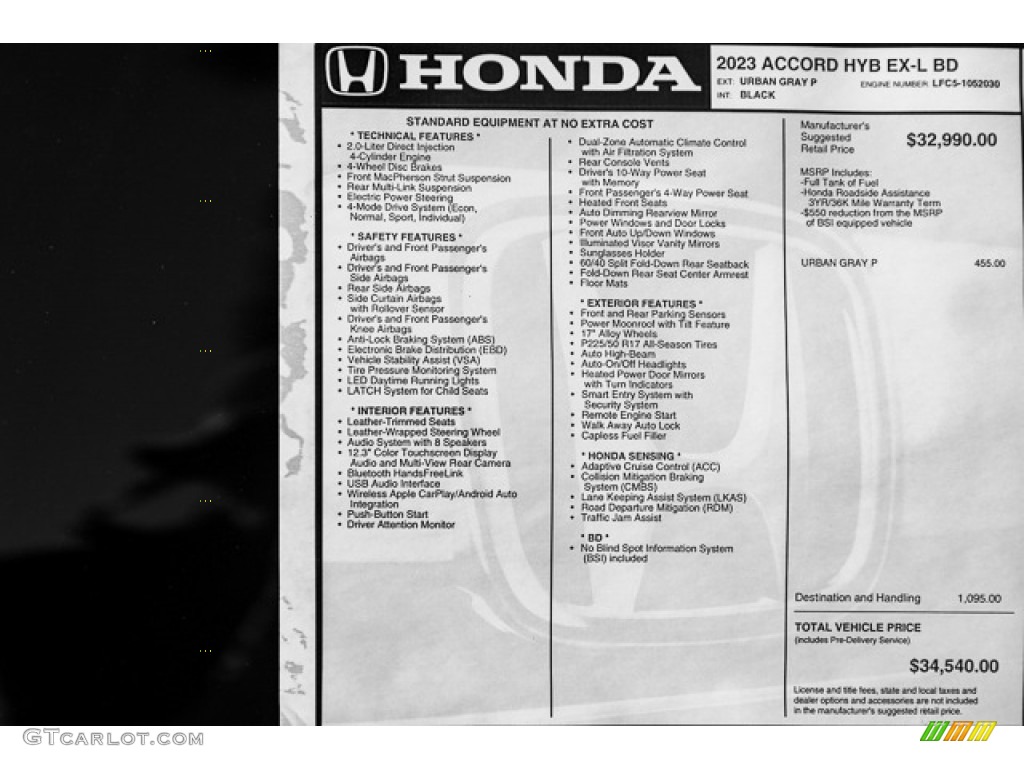 2023 Accord EX-L Hybrid - Urban Gray Pearl / Black photo #42