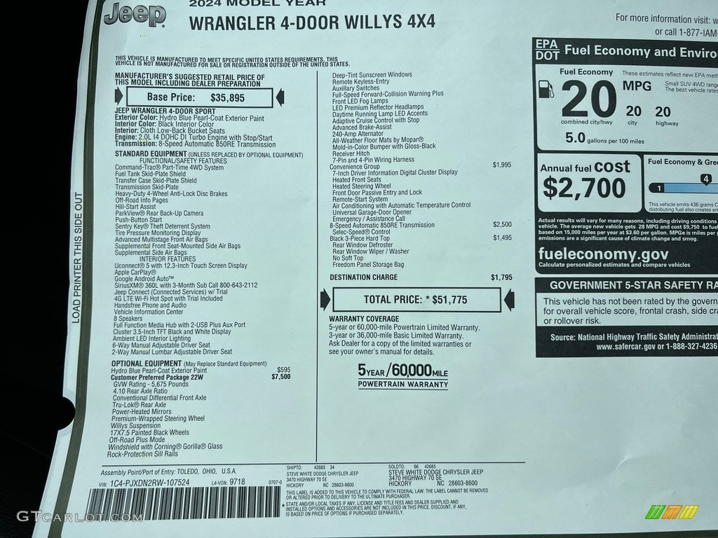 2024 Jeep Wrangler 4-Door Willys 4x4 Window Sticker Photo #146356760
