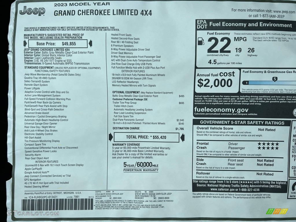 2023 Jeep Grand Cherokee Limited 4x4 Window Sticker Photo #146359500