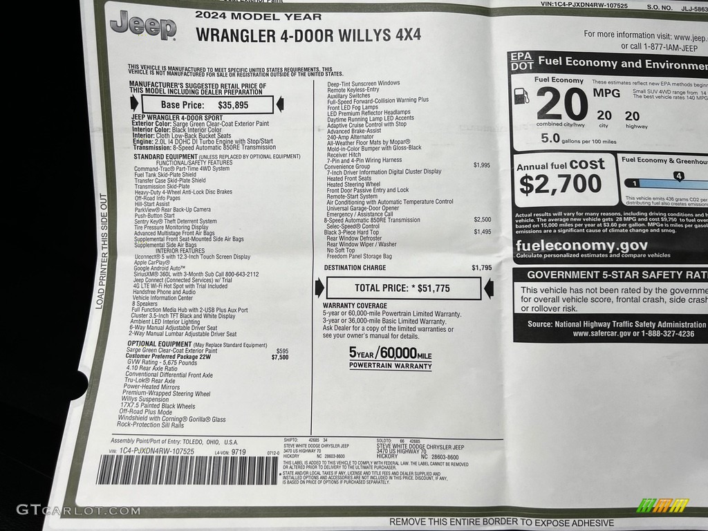 2024 Jeep Wrangler 4-Door Willys 4x4 Window Sticker Photo #146364039