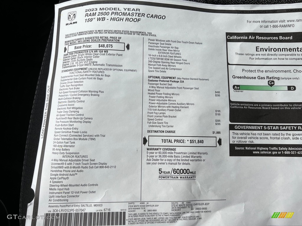 2023 Ram ProMaster 2500 High Roof Cargo Van Window Sticker Photo #146364666