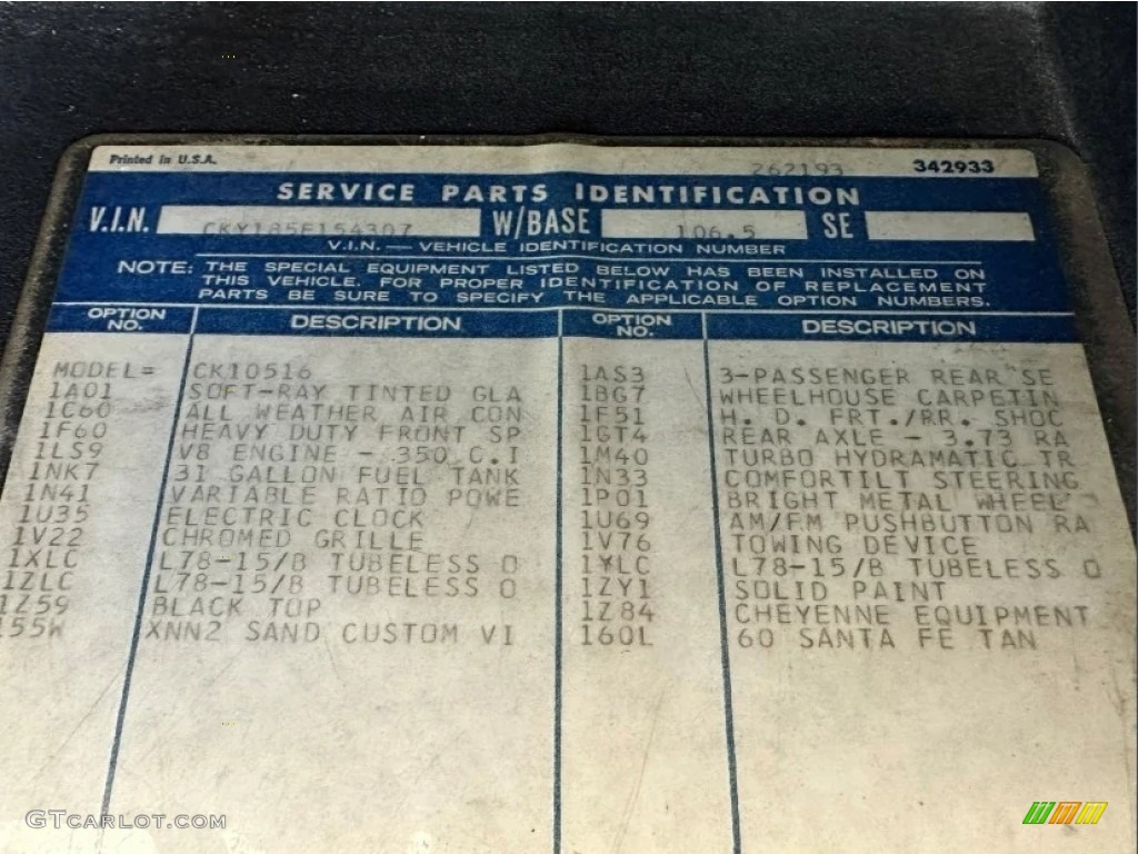 1975 Chevrolet Blazer K10 Cheyenne 4x4 Info Tag Photo #146387456