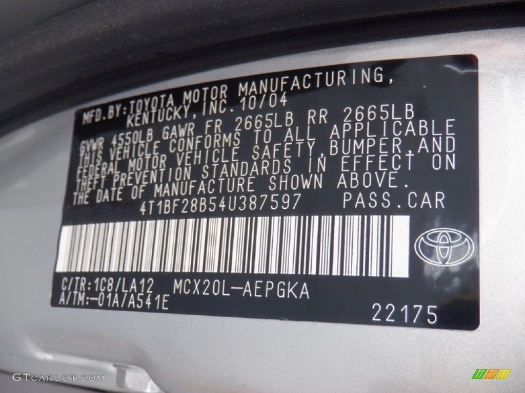 2004 Toyota Avalon XLS Color Code Photos