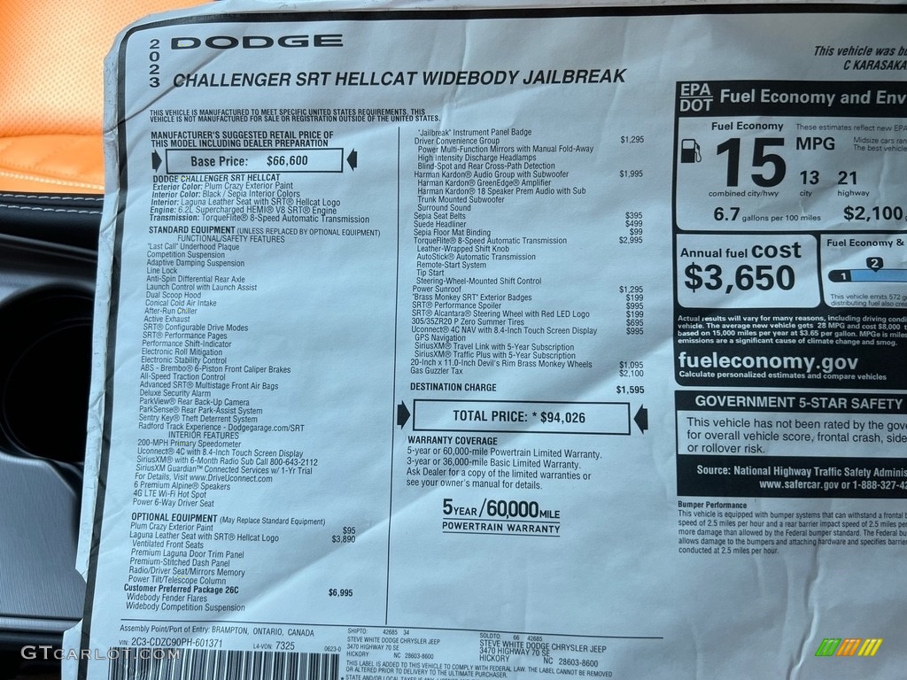 2023 Dodge Challenger SRT Hellcat JailBreak Widebody Window Sticker Photo #146394128