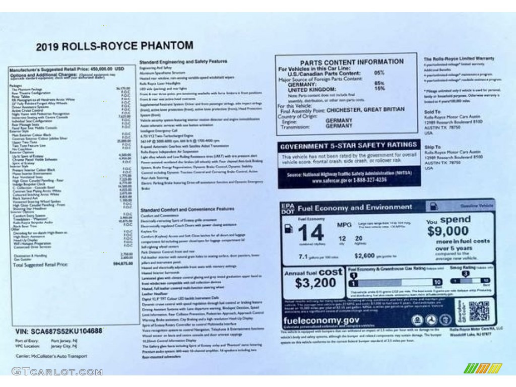2019 Rolls-Royce Phantom Standard Phantom Model Window Sticker Photo #146394392