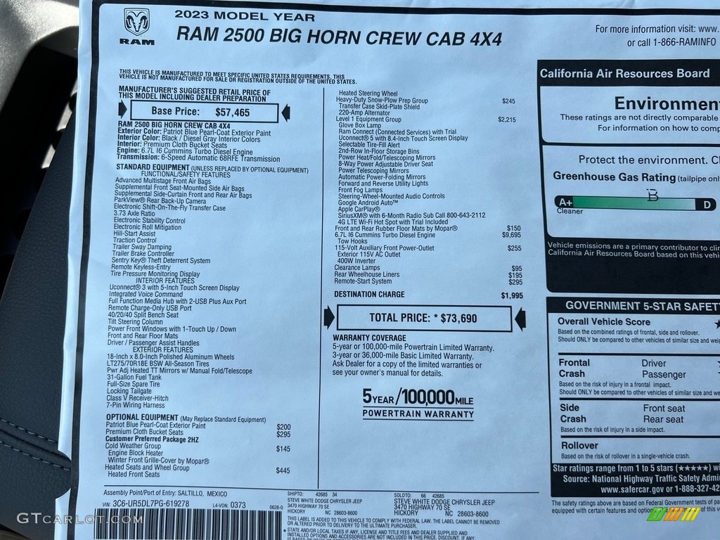 2023 Ram 2500 Big Horn Crew Cab 4x4 Window Sticker Photo #146398934