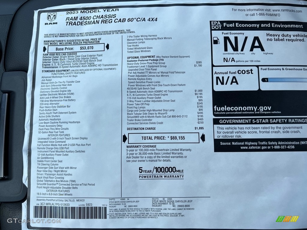 2023 Ram 4500 Tradesman Regular Cab 4x4 Chassis Window Sticker Photo #146402354