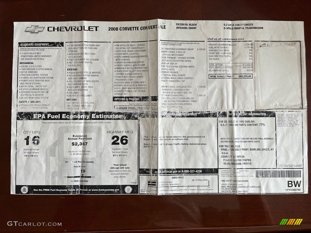 2008 Chevrolet Corvette Convertible Window Sticker Photos