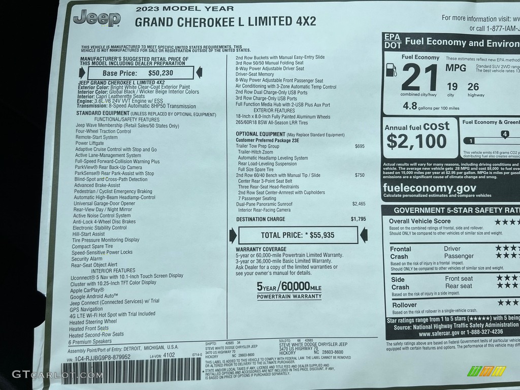 2023 Jeep Grand Cherokee L Limited Window Sticker Photos