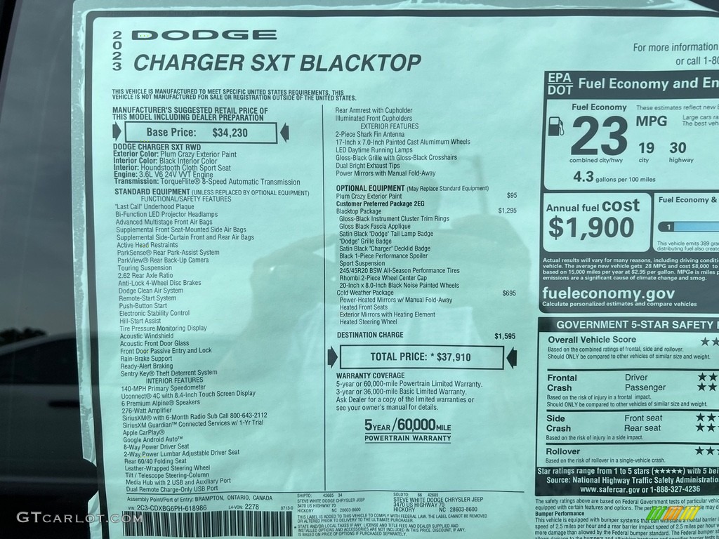 2023 Dodge Charger SXT Blacktop Window Sticker Photo #146428754
