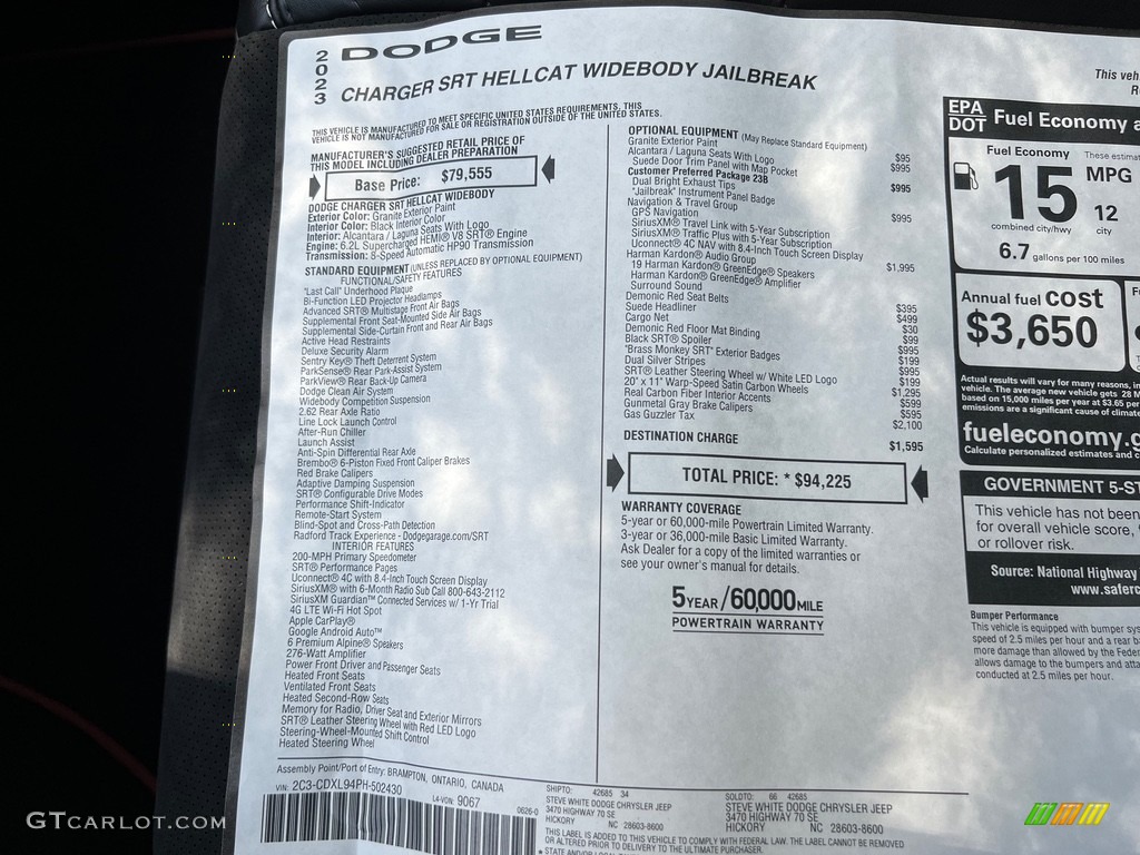 2023 Dodge Charger SRT Hellcat Widebody Jailbreak Window Sticker Photos