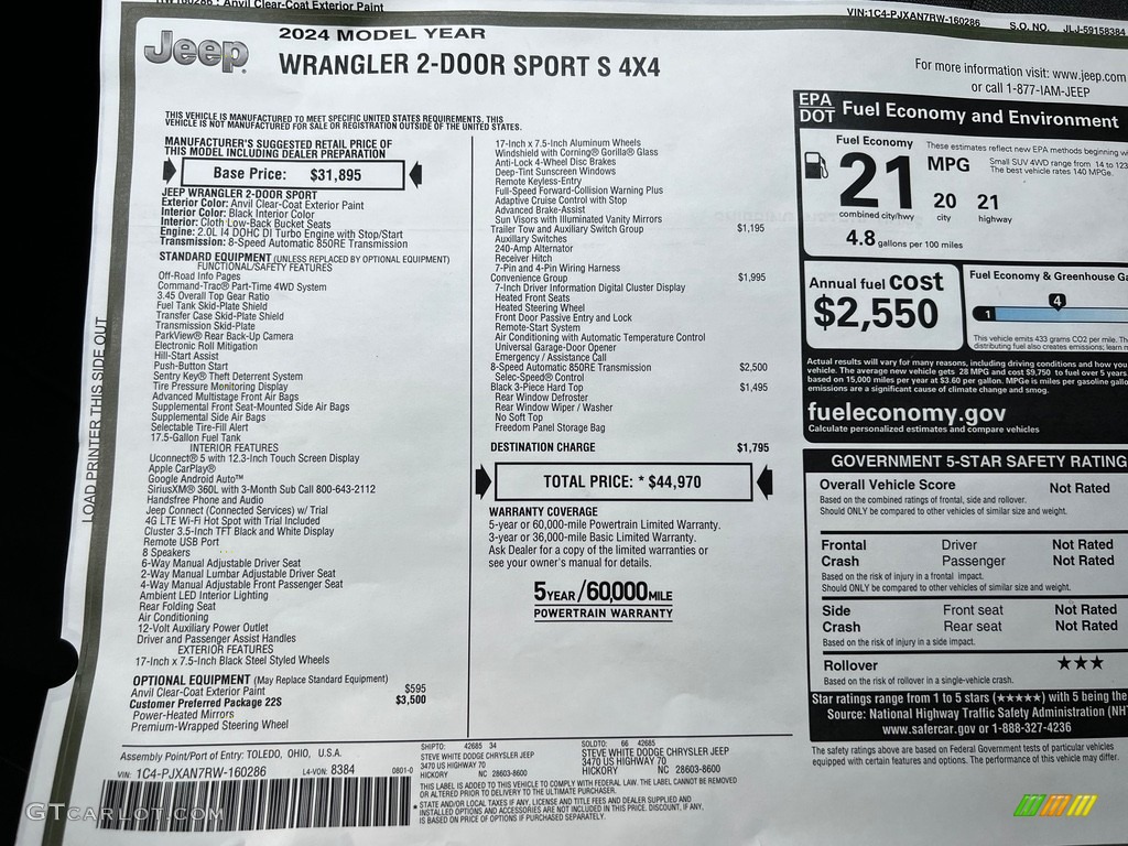 2024 Jeep Wrangler Sport S 4x4 Window Sticker Photo #146438219