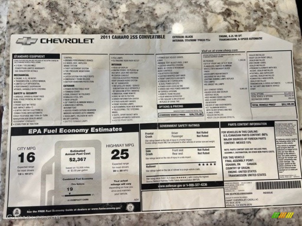 2011 Chevrolet Camaro SS Convertible Window Sticker Photo #146448216