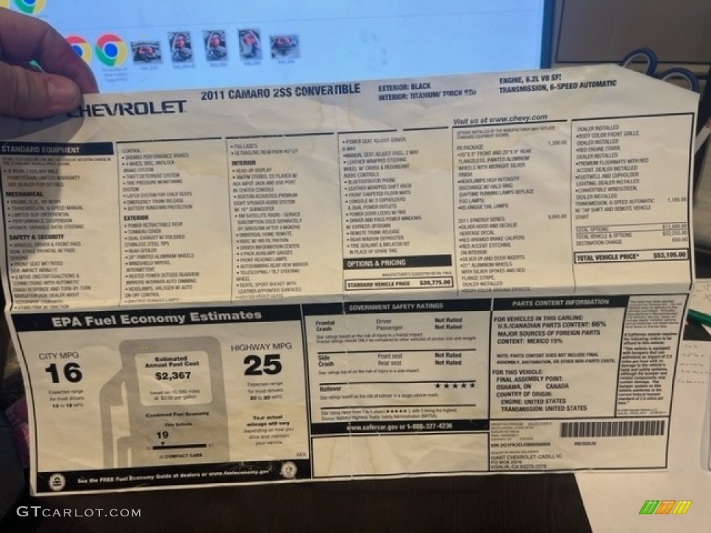 2011 Chevrolet Camaro SS Convertible Window Sticker Photo #146448227