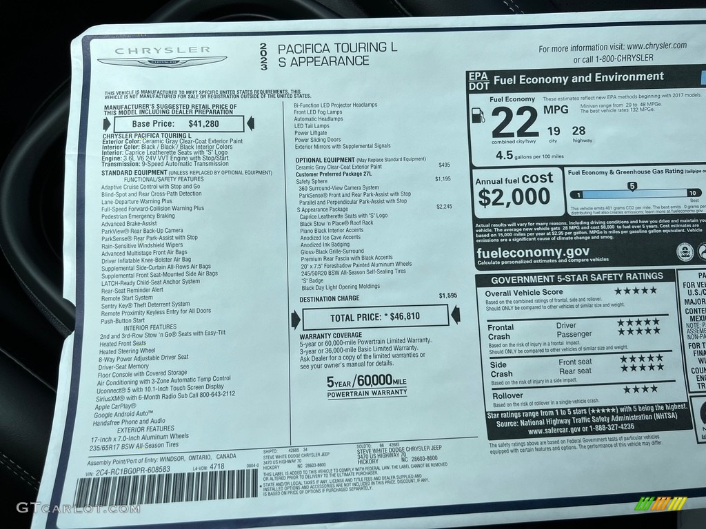 2023 Chrysler Pacifica Touring L S Appearance Package Window Sticker Photo #146448869