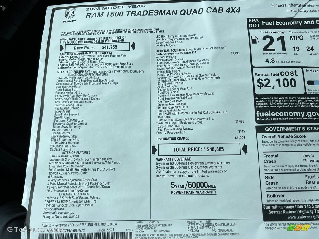 2023 Ram 1500 Tradesman Quad Cab 4x4 Window Sticker Photo #146450625