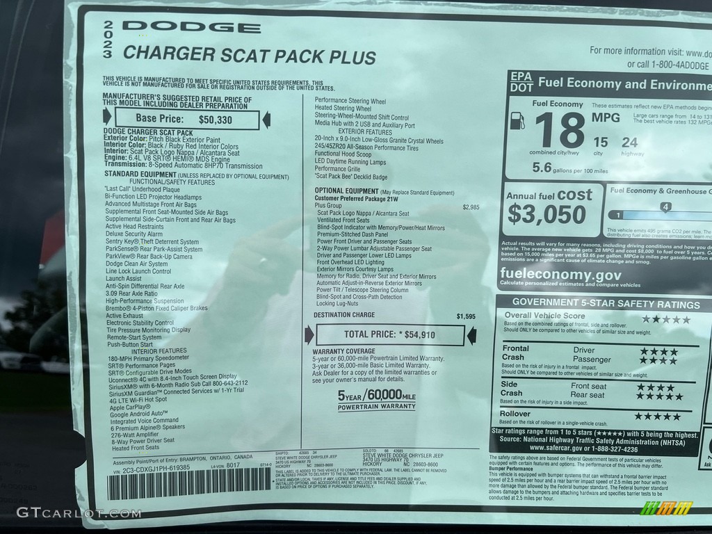 2023 Dodge Charger Scat Pack Plus Window Sticker Photo #146451326