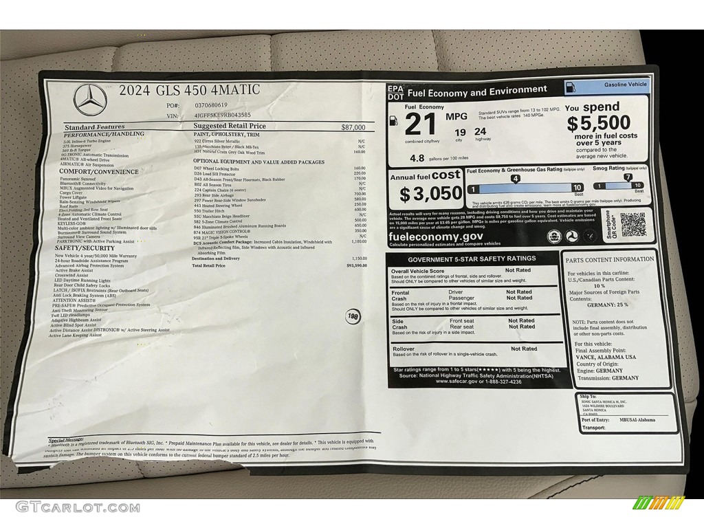 2024 Mercedes-Benz GLS 450 4Matic Window Sticker Photo #146459108